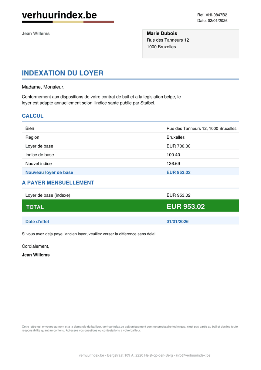 Exemple de la lettre d’indexation que verhuurindex.be envoie automatiquement à votre locataire