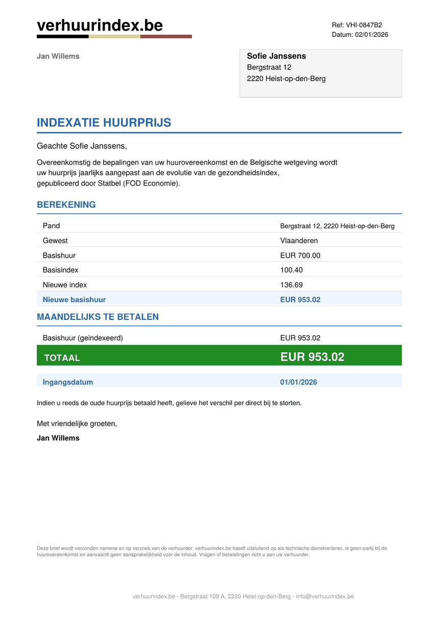 Voorbeeld van de indexatiebrief die verhuurindex.be automatisch naar uw huurder verstuurt