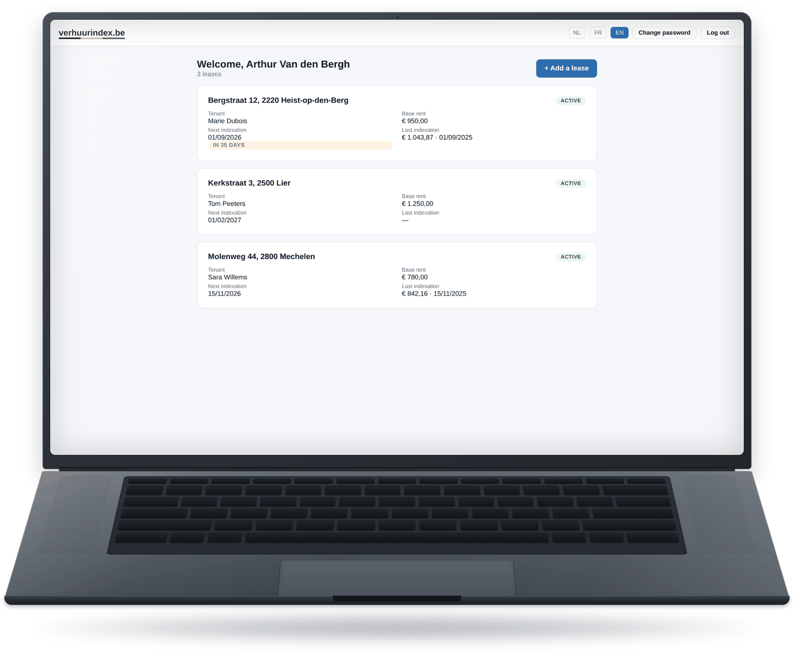 The verhuurindex.be client dashboard showing an overview of your leases