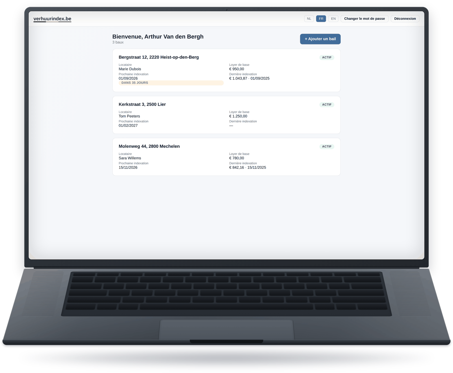 Le tableau de bord client de verhuurindex.be avec l’aperçu de vos baux
